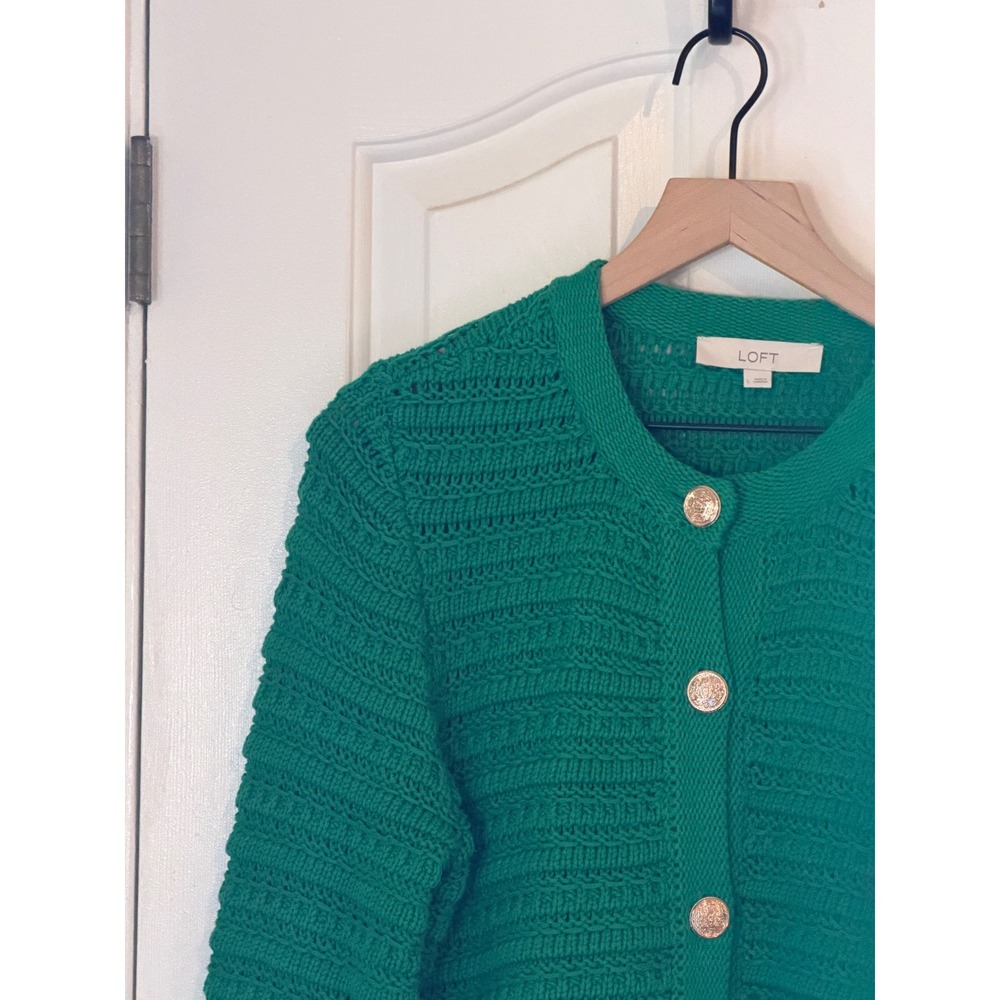 LOFT | 2024 Cardigan Sweater Large Green Textured Knit Gold Button Lady Jacket - Picture 5 of 12